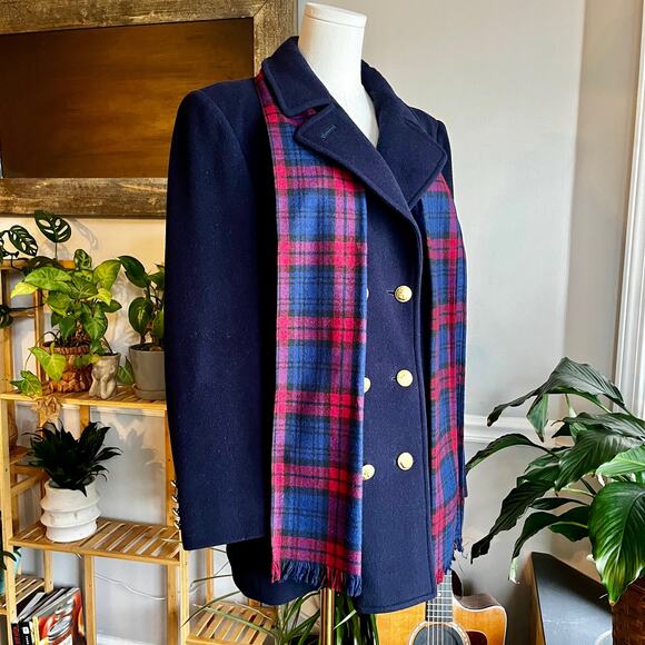 Vintage 80s Evan Picone Italian Wool Navy Blue Red Plaid Pea Coat Size Medium - Picture 1 of 12